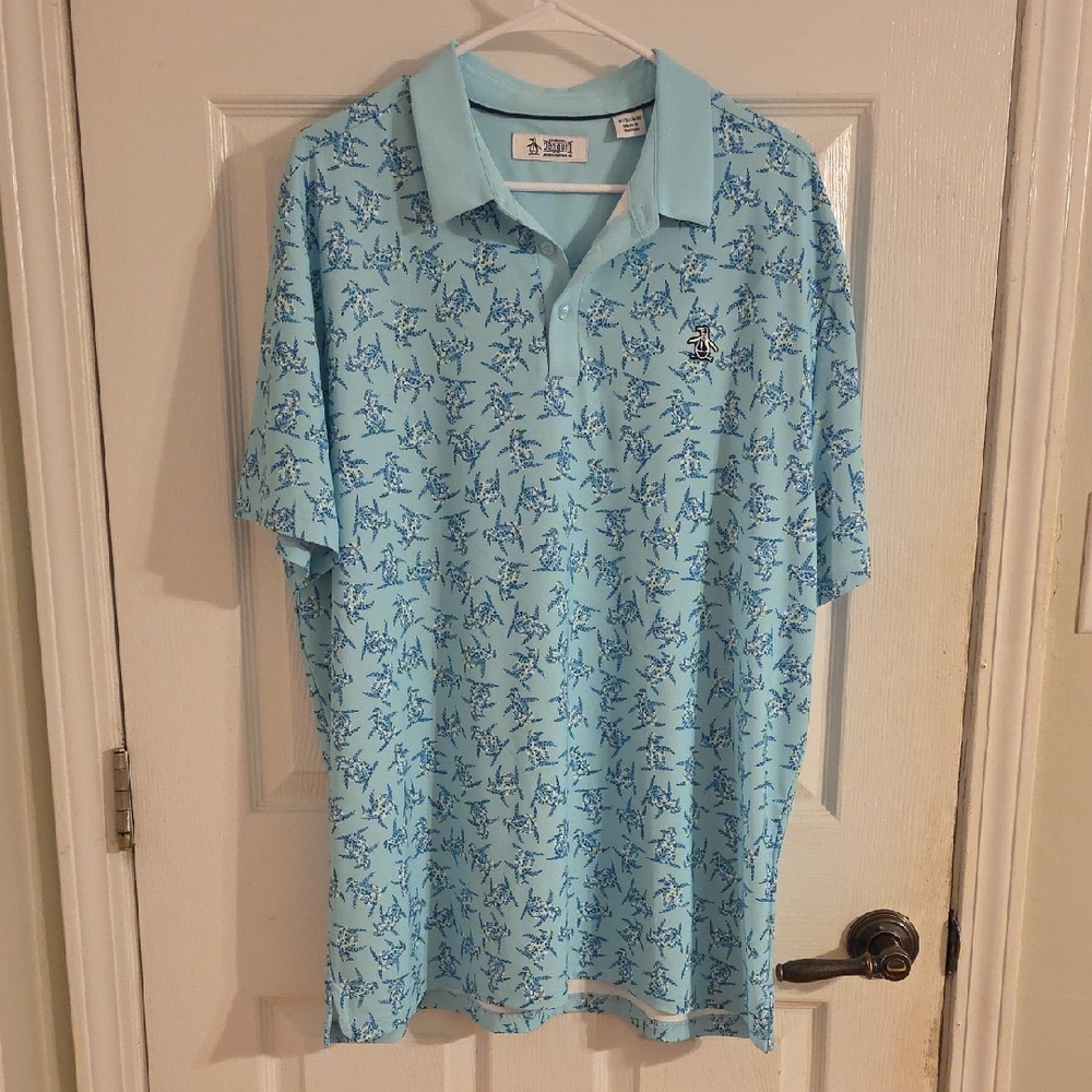 Original Penguin Sky Teal Blue Polo with Penguin Pattern